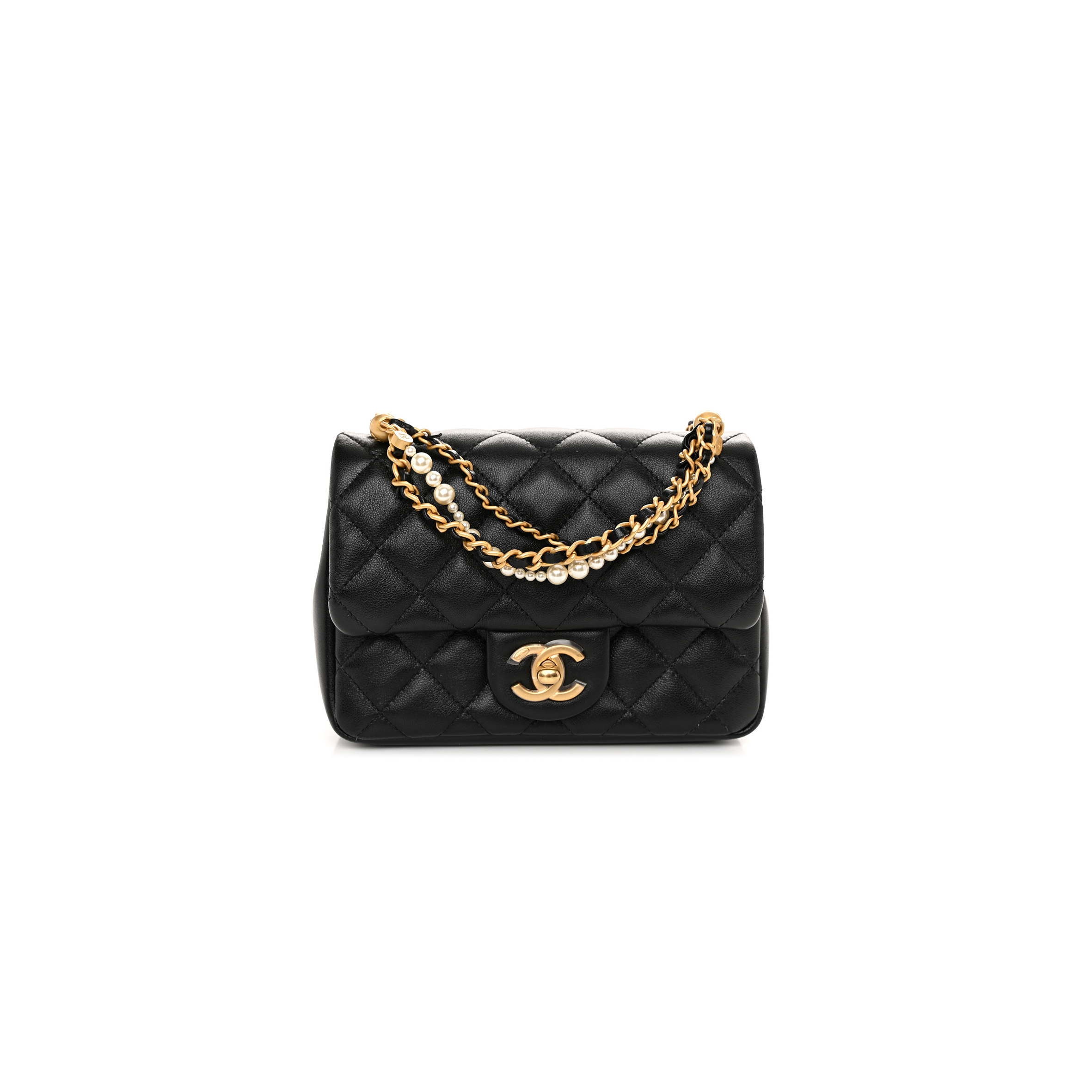 CHANEL SHINY LAMBSKIN QUILTED PEARL TWIST MINI SQUARE FLAP BLACK AS4385  (17*12.5*5cm)